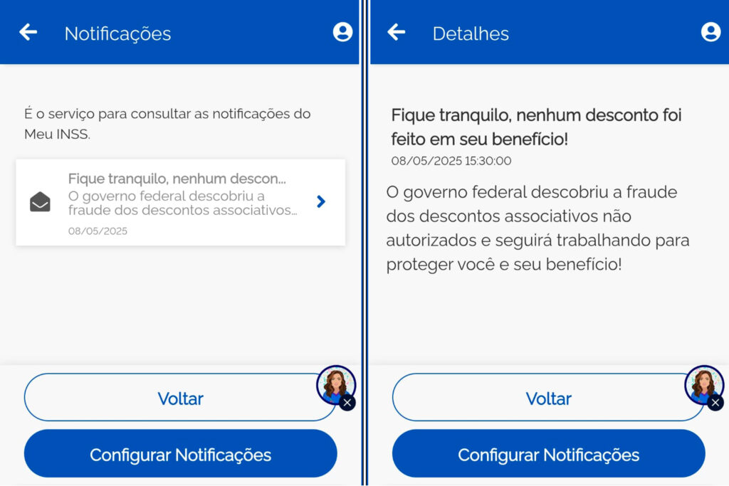 Meu INSS: Nova Fraude Desvia Dinheiro de Aposentados (2025) – Saiba Como se Proteger e o Suposto Papel de Corretoras de Seguros 2 Telas do aplicativo Meu INSS mostrando notificação para usuários não afetados por descontos fraudulentos, com mensagem 'Fique tranquilo, nenhum desconto foi feito em seu benefício!' datada de 08/05/2025.